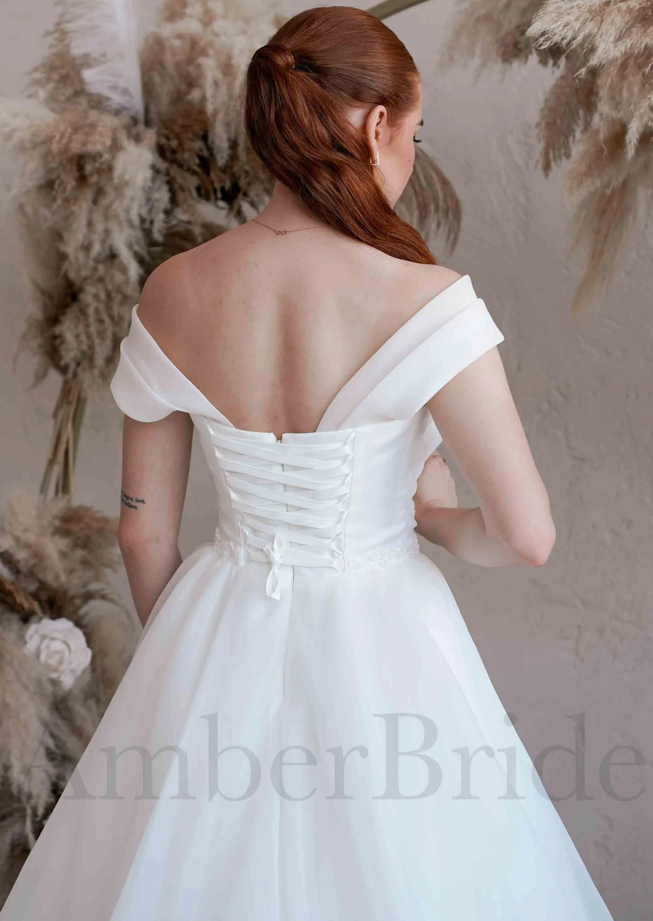 A Line Organza Wedding Dress with Off Shoulder Sweetheart Neckline